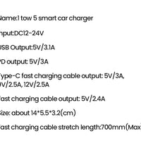 Elough Retractable Car Charger 5 in 1 Fast Charging Car Charger Retractable Cable 2 type c Ports Car Charger Adapter Compatible