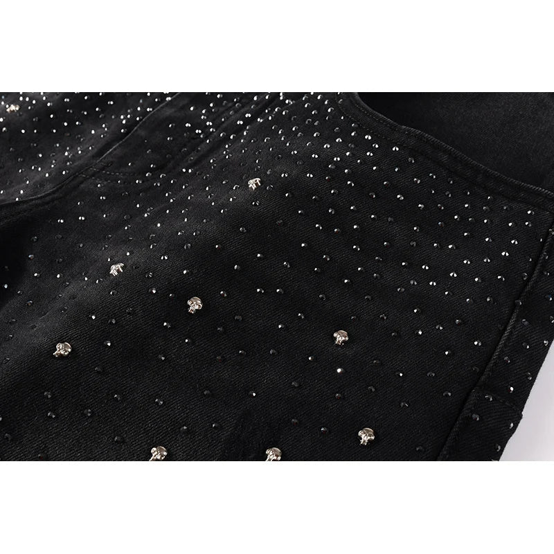 Black Men's American High Street Distressed Rhinestones Patterns Skinny Ripped Button Fly Jeans Pants