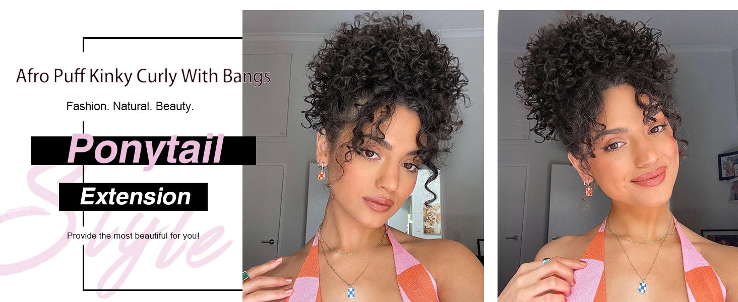 Afro Puff Kinky Curly Hair Updo Ponytail Extension with Bangs Drawstring Ponytail for Women Black, Synthetic Hair Ponytail