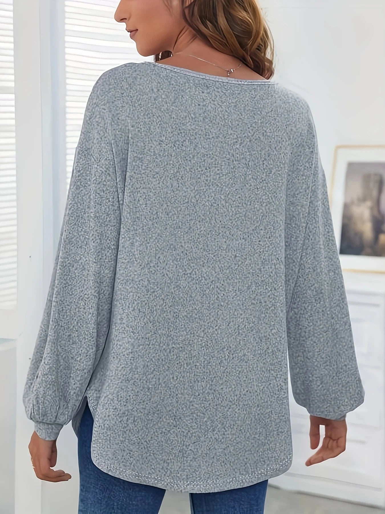 Women's Grey Round Neck Loose Knit Top - Autumn/Winter Casual Wear