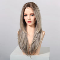 Gray Blonde Synthetic Wigs Dark Root Hairline Lace Frontal Straight Layered Wigs for Women Ladies Daily Use Wigs Heat Resistant