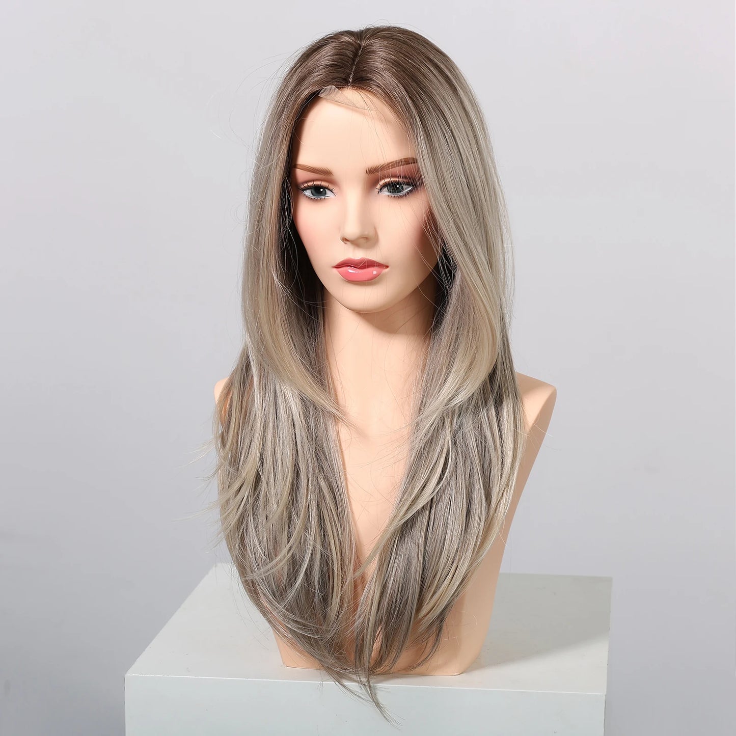 Gray Blonde Synthetic Wigs Dark Root Hairline Lace Frontal Straight Layered Wigs for Women Ladies Daily Use Wigs Heat Resistant