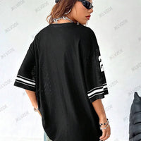 Summer New Black Enjoy Freedom 23 Print T-Shirt For Women V-Neck Short Sleeve Mesh Sports Football Jersey Y2K Oversized Tops