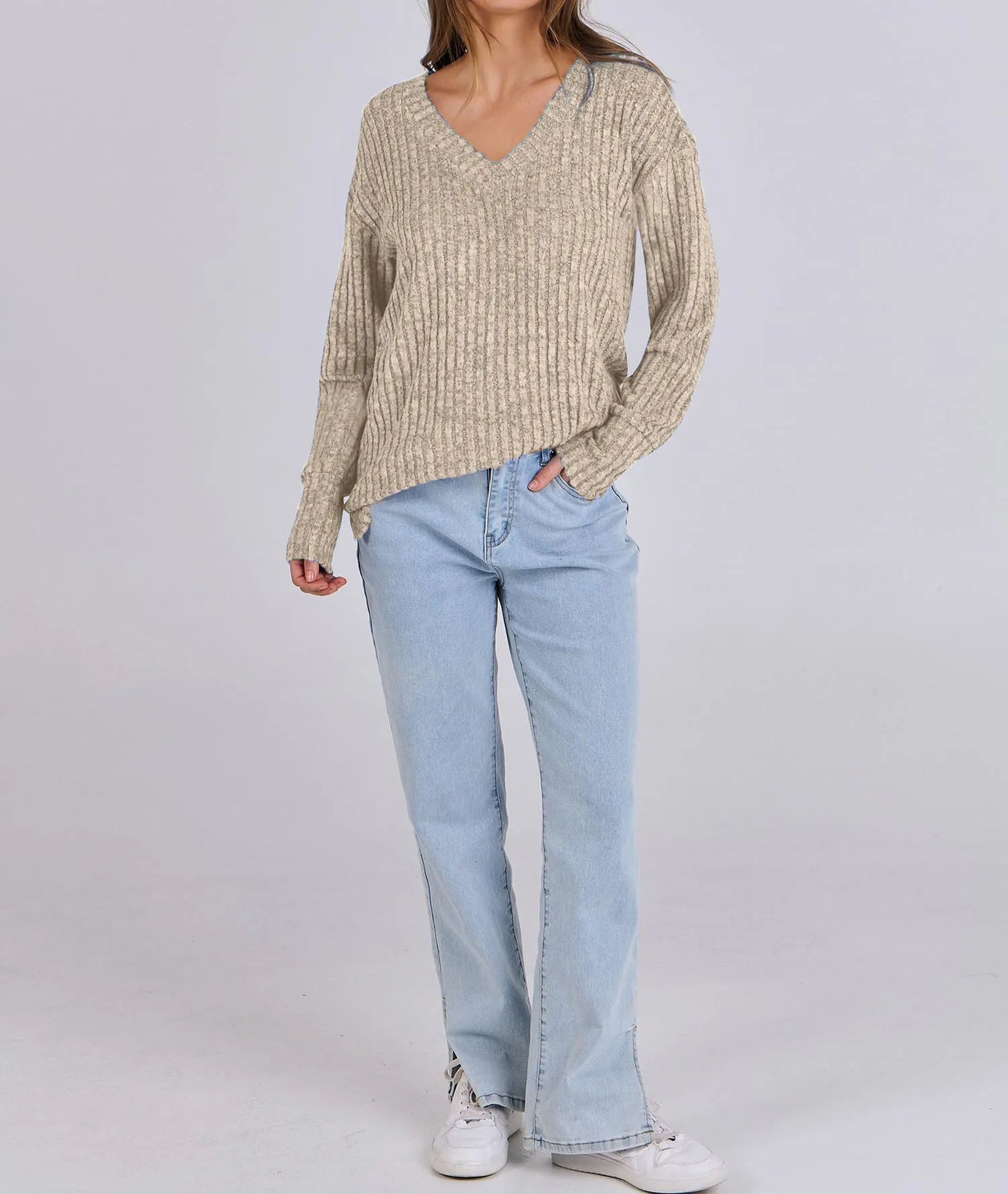 Women's Long Sleeve V-Neck T-Shirt Pit Stripe Milled Fashion Temperament Top