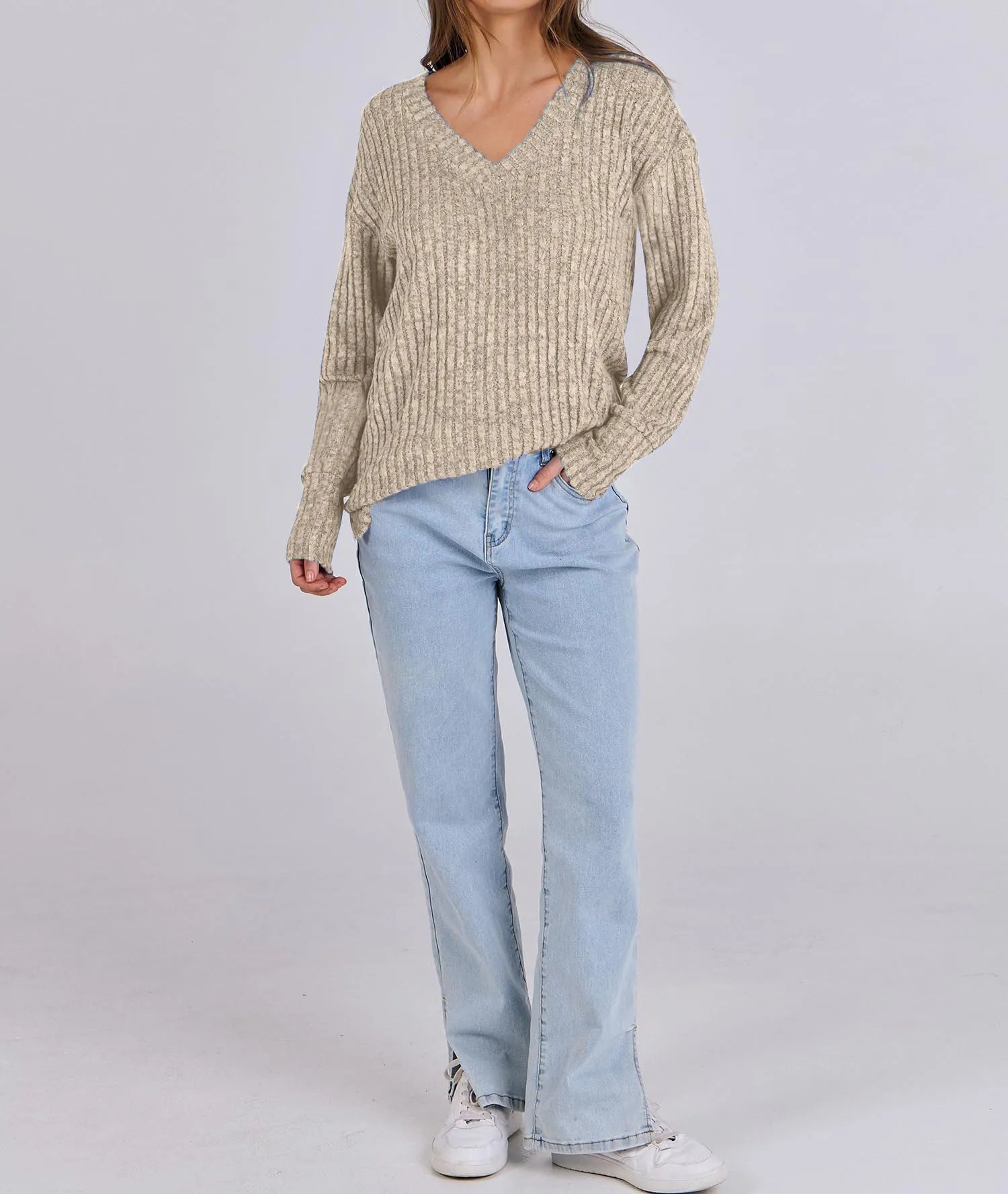 Women's Long Sleeve V-Neck T-Shirt Pit Stripe Milled Fashion Temperament Top