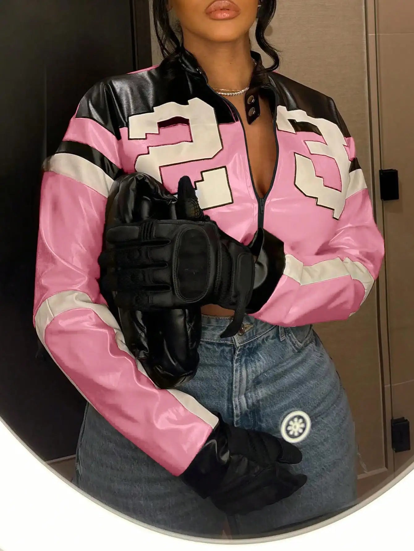 Women's Red Faux Leather Bomber Jacket - Zipper Short Coat for Christmas/New Year Party & Casual Outfits