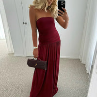 Mozision Off-shoulder Strapless Pleated Sexy Maxi Dress Women Fashion Backless Sleeveless High Waist Ruched Long Dress Elegant