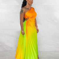 CM.YAYA Women Gradient Printed Pleated One Shoulder Roll Waist Maxi Irregular Big Swing Dress 2023 Sexy Party Vestidos Dresses