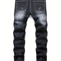 Men y2k Stretchy Denim jeans Ripped Skinny Letter Print elastic waist Casual pants for men Hole Slim Fit Denim Hip Hop Trousers