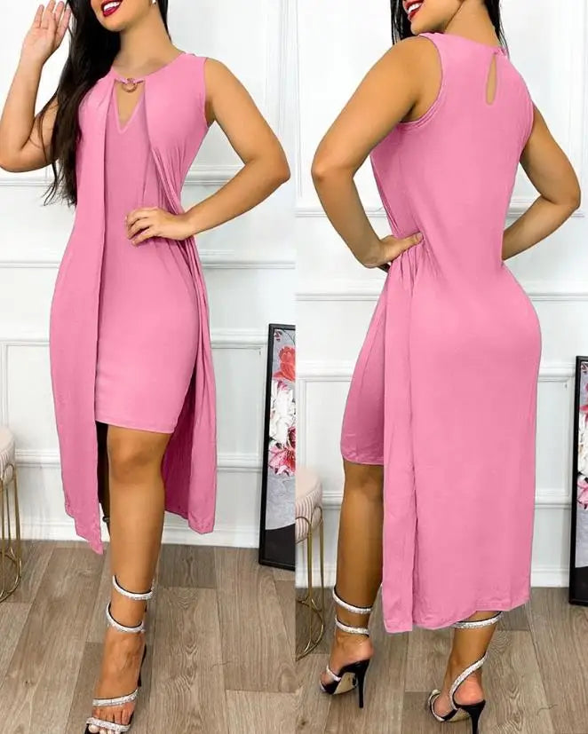 Dresses for Women 2023 Summer Fashion Keyhole Neck Sleeveless Cutout O-Ring Decor Slit Asymmetrical Casual Dress Clothing