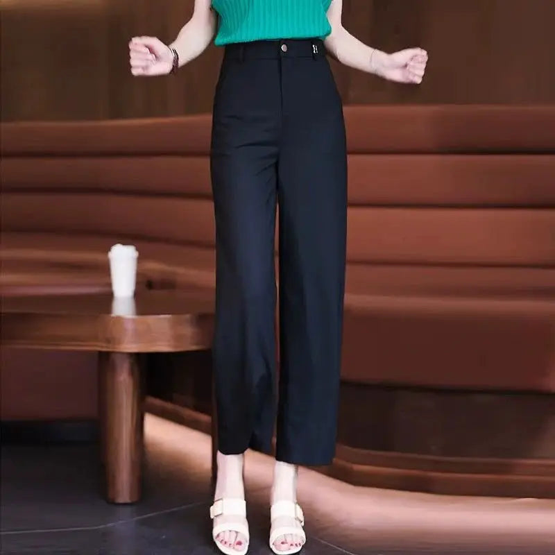 Nine-point Wide-leg Pants for Women in Summer Thin New High-waist Drooping Ice Silk Suit Women's Slim Straight Pants