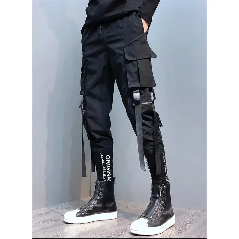 Trendy Men's Loose-fit Cargo Pants Autumn Winter Bell Bottoms Multiple Pockets Casual Style Street Dance Fashion