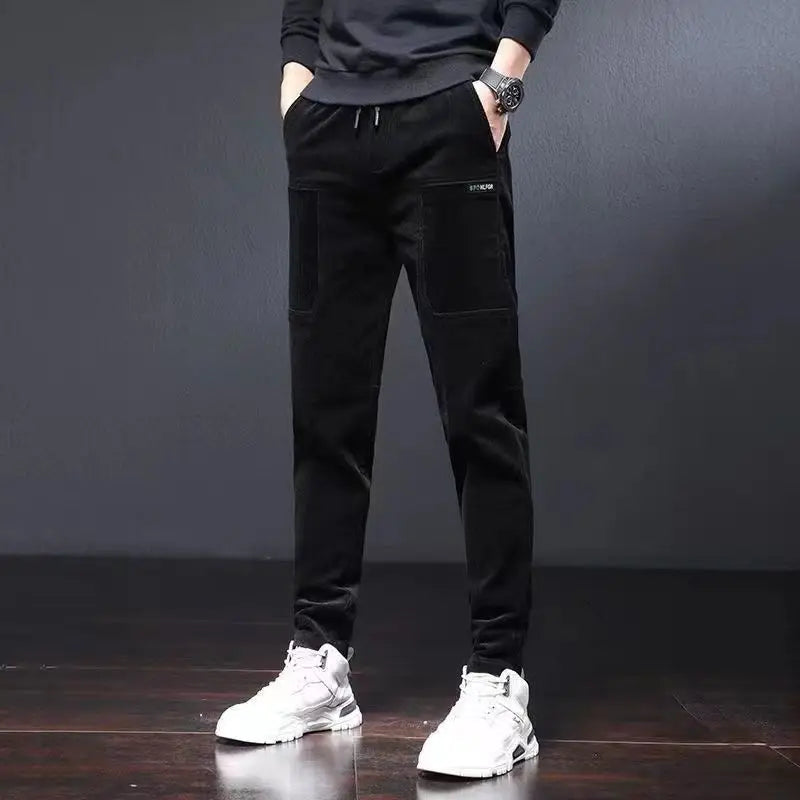 Winter Pants Men Work Wear Baggy Brushed Joggers Streetwear Elastic Waist Male Korean Designer Corduroy Plush Thicken Trousers