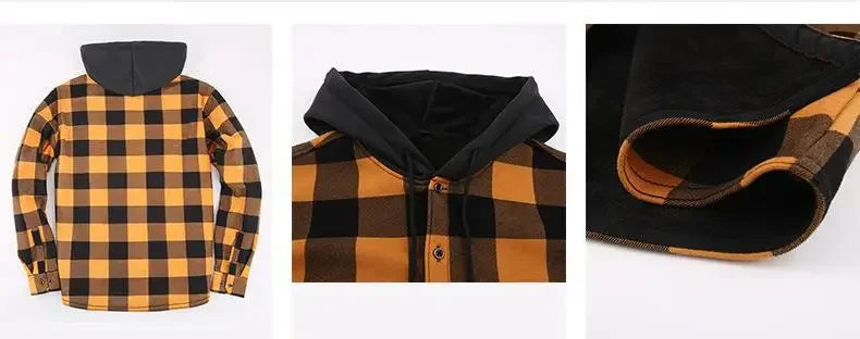 Plus Size Men's Hooded Plaid Shirt Warm Fleece Lined And Thickened Top Long Sleeve Outerwear For Autumn/Winter