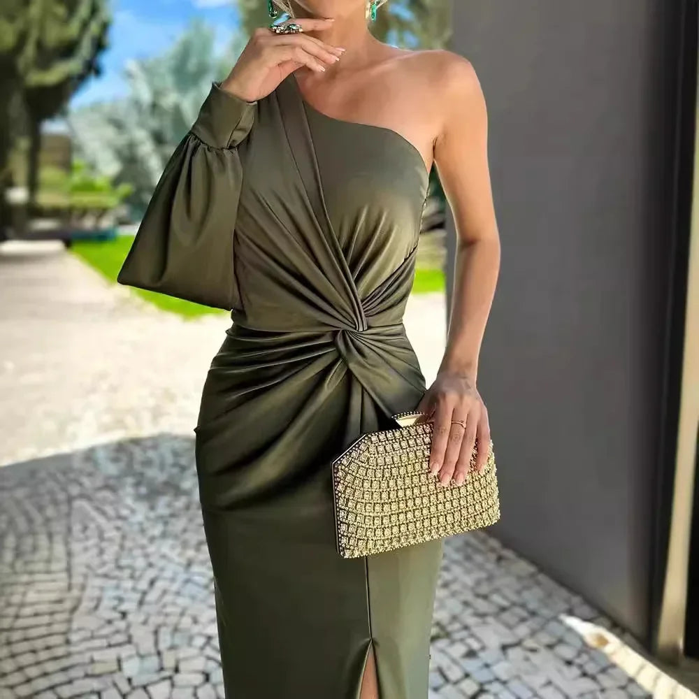 Slim Fit Pure Color Summer New Style Knot Slit Shoulder Women's Dress Fashionable Elegant Ankle Length One Shoulder Dress