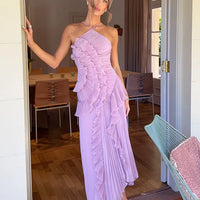Elegant Purple Halter A Line Prom Gowns Ruffles Tiered Backless Party Gown Summer Vacation Chiffon Long Evening Dress