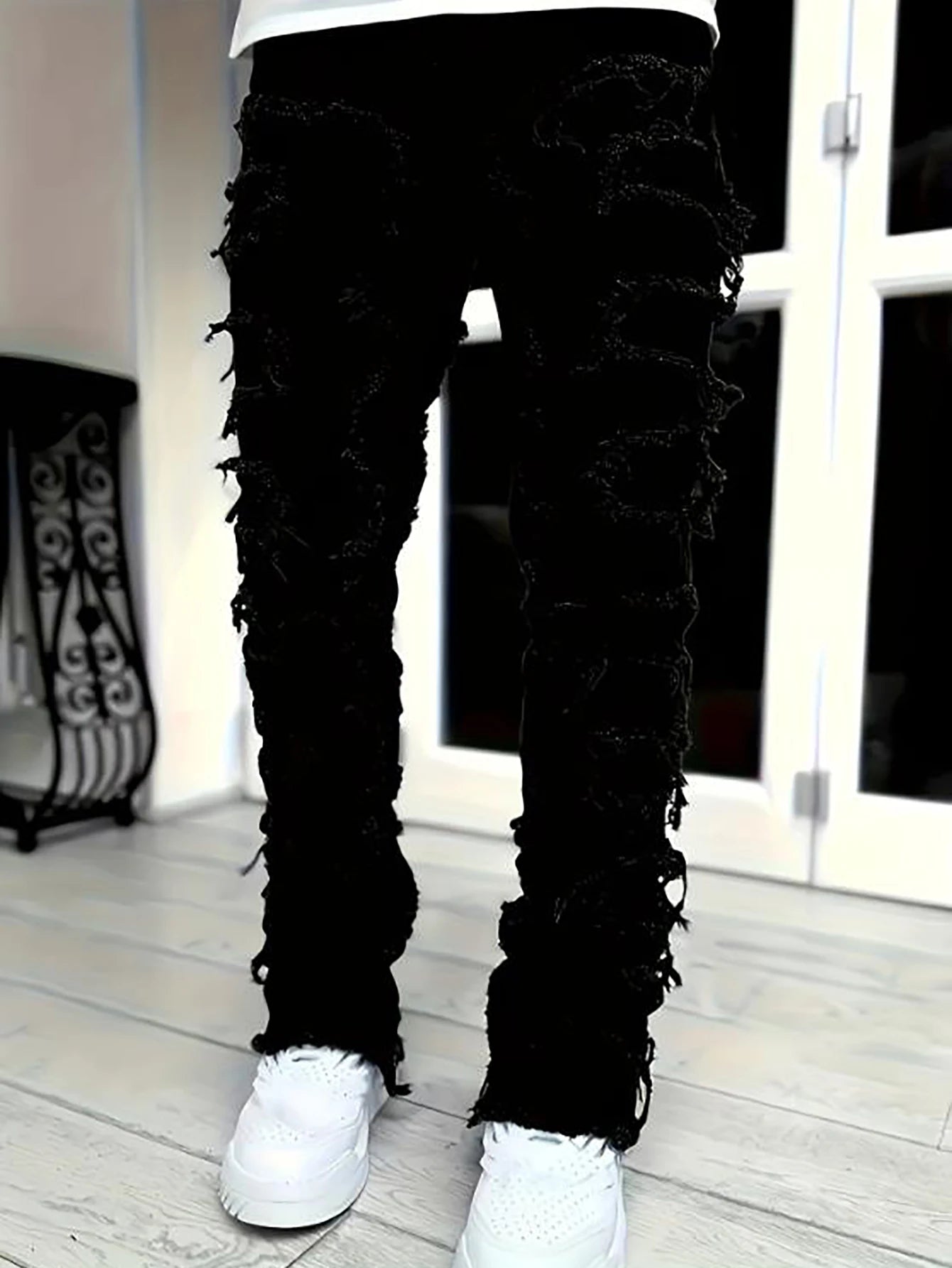 Y2k hip-hop style fringed jeans, men's casual street style stretch jeans