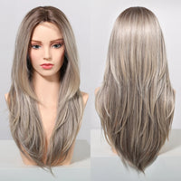 Gray Blonde Synthetic Wigs Dark Root Hairline Lace Frontal Straight Layered Wigs for Women Ladies Daily Use Wigs Heat Resistant