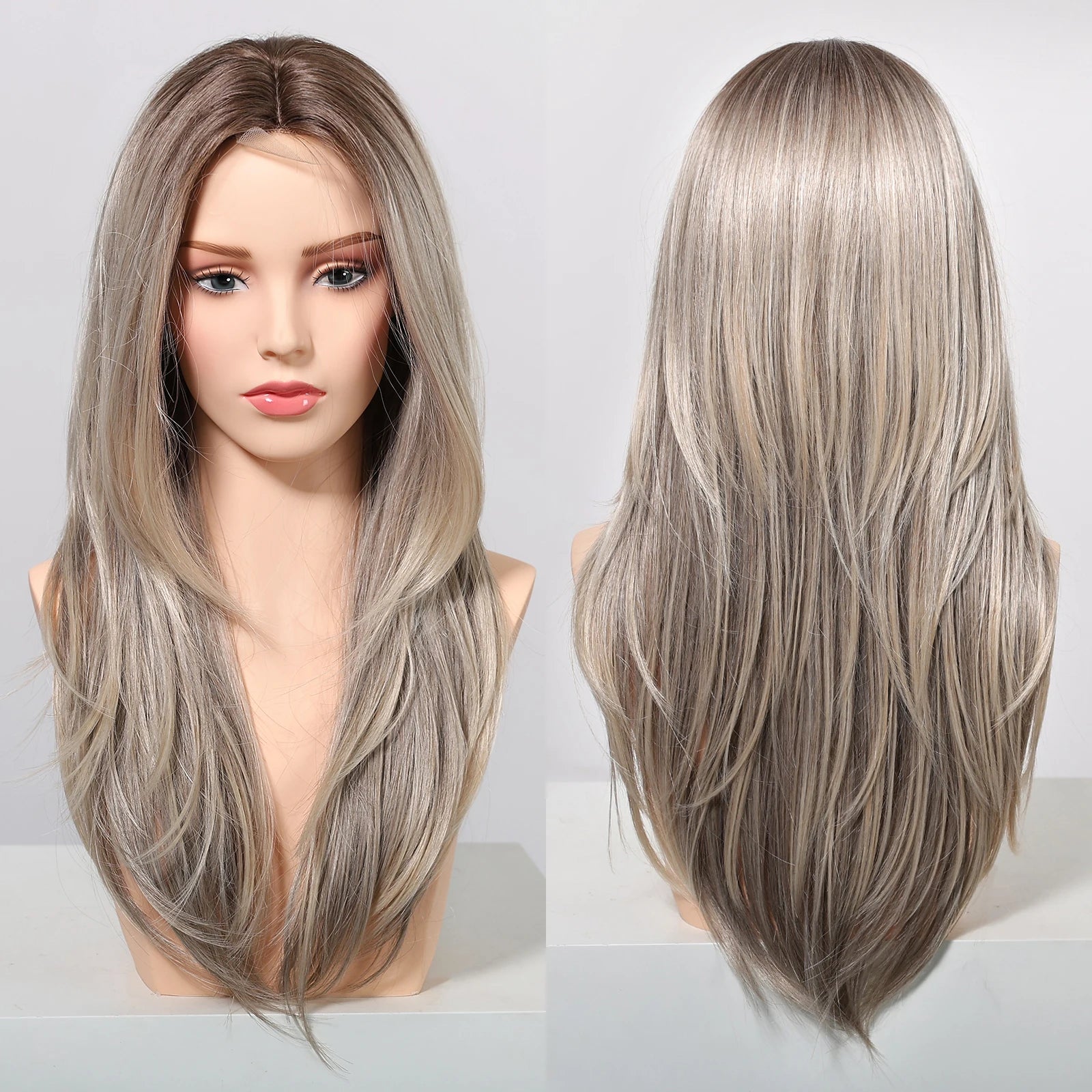 Gray Blonde Synthetic Wigs Dark Root Hairline Lace Frontal Straight Layered Wigs for Women Ladies Daily Use Wigs Heat Resistant