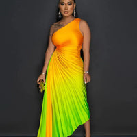 CM.YAYA Women Gradient Printed Pleated One Shoulder Roll Waist Maxi Irregular Big Swing Dress 2023 Sexy Party Vestidos Dresses