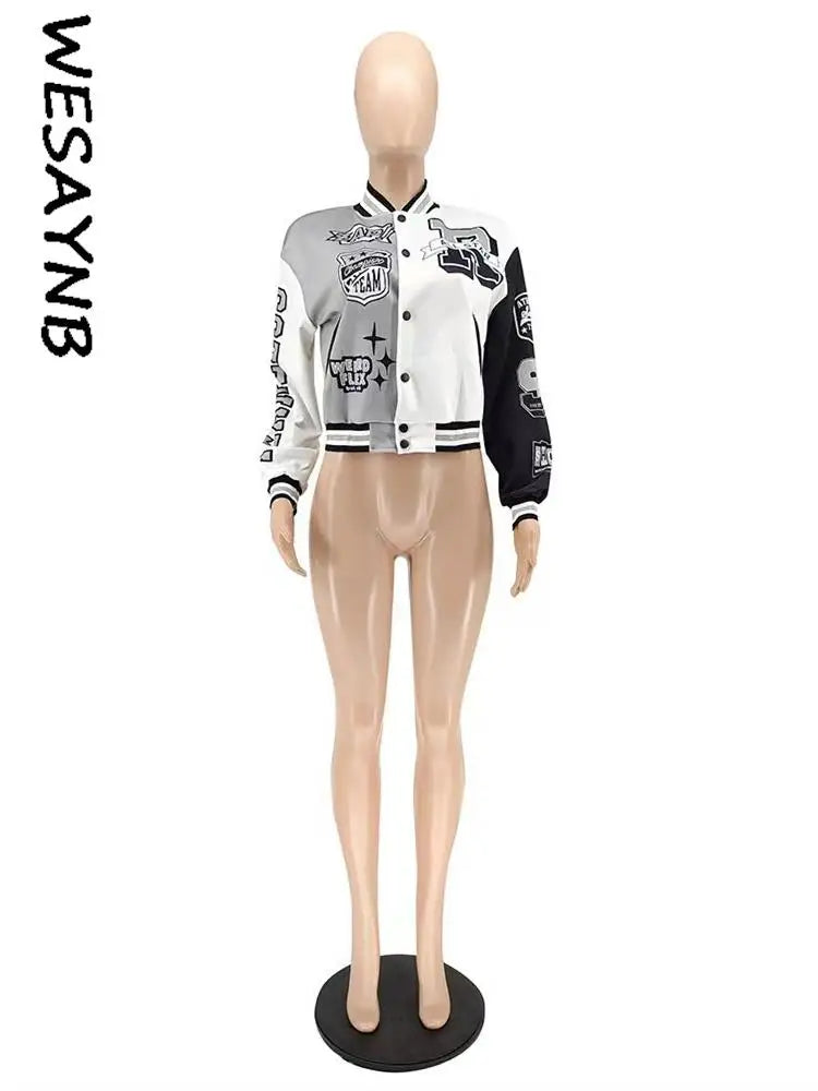 Winter Fall Jacket For Women Coat Trend O Neck Buttons Cropped Top Jacket Patchwork Baggy Blue Female Outerwear varsity jacket