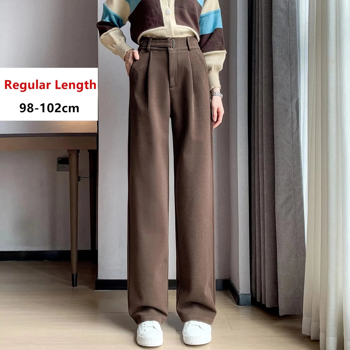 Women's straight leg pants, loose casual wide leg pants, women's adjustable elastic waistband, floor length suit pants