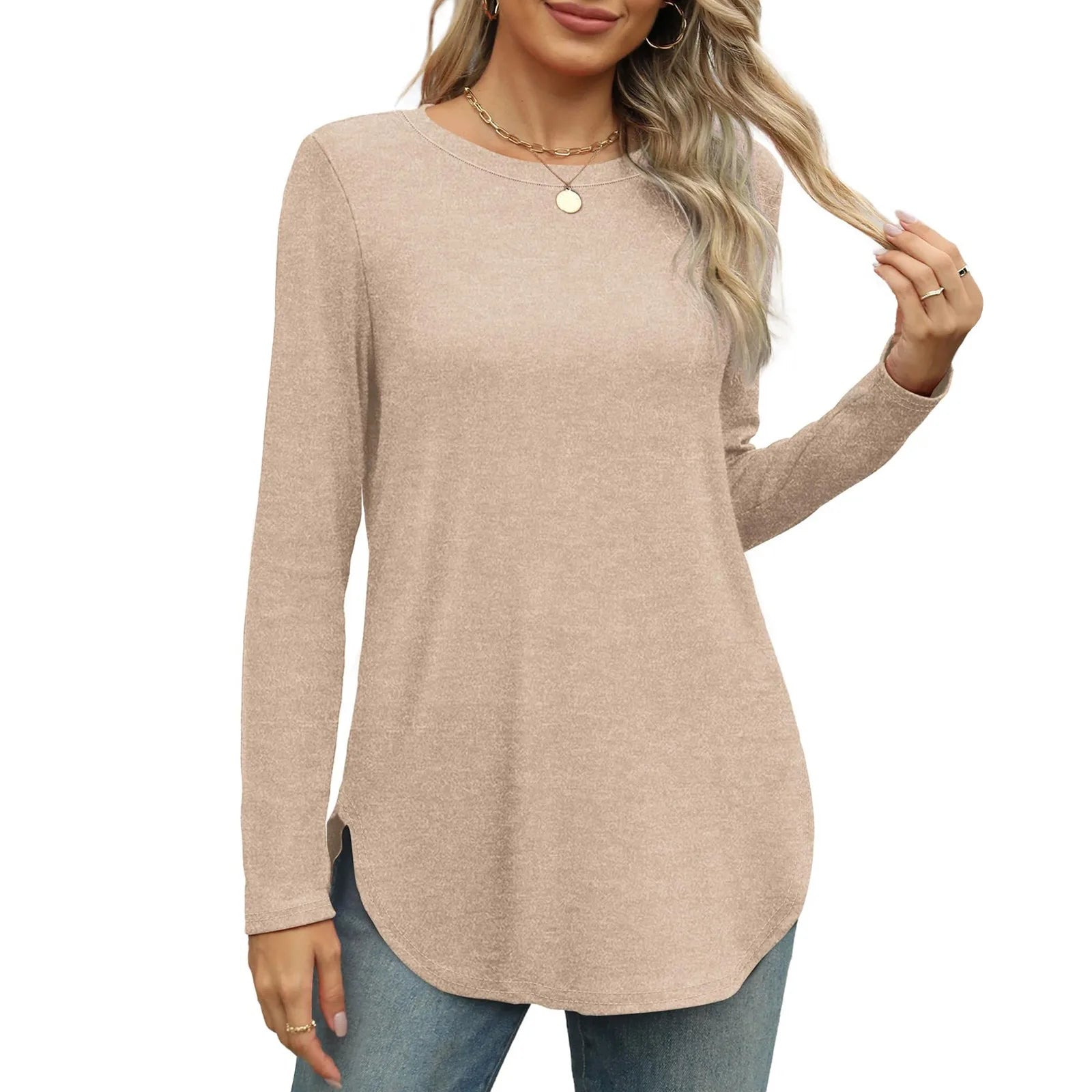 Traf 2024 Mujer Womens Long Sleeve Round Neck Shirts Side Split Basic Loose Tunic Tops Casual Shirts Ropa De Mujer Fashion