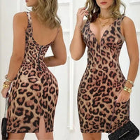 Summer Fashion Print Split Bodycon Mini Dress Women 2024 Elegant Sexy Deep V-neck Sleeveless Slim Dresses Woman Party Dress