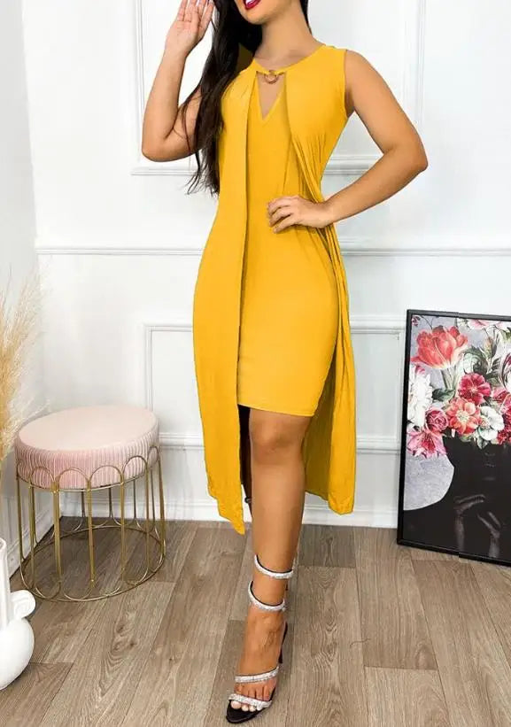 Dresses for Women 2023 Summer Fashion Keyhole Neck Sleeveless Cutout O-Ring Decor Slit Asymmetrical Casual Dress Clothing