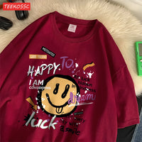 Summer Cotton Women T-Shirts Fun Graffiti Cute Smiling Face Prints Tees Breathable Loose O-Neck Casual Street Female Clothes