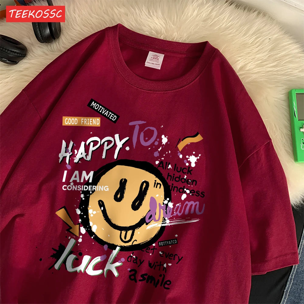 Summer Cotton Women T-Shirts Fun Graffiti Cute Smiling Face Prints Tees Breathable Loose O-Neck Casual Street Female Clothes