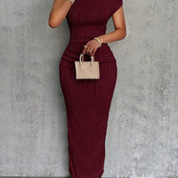 Fashion Water Ripple Slanted Shoulder Dress Women's Elegant And Simple Solid Color A-line Collar Mid-waist Sexy Hip Wrap Skirt