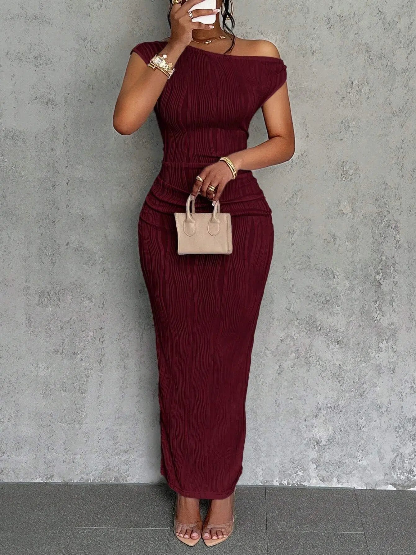 Fashion Water Ripple Slanted Shoulder Dress Women's Elegant And Simple Solid Color A-line Collar Mid-waist Sexy Hip Wrap Skirt