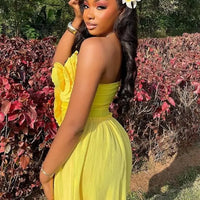 Joskaa 2025 Summer Women 3D Flower Decorate Strapless Pleated Irregular Hem Mini Dress Holiday Beachwear Party Clubwear S-XXL