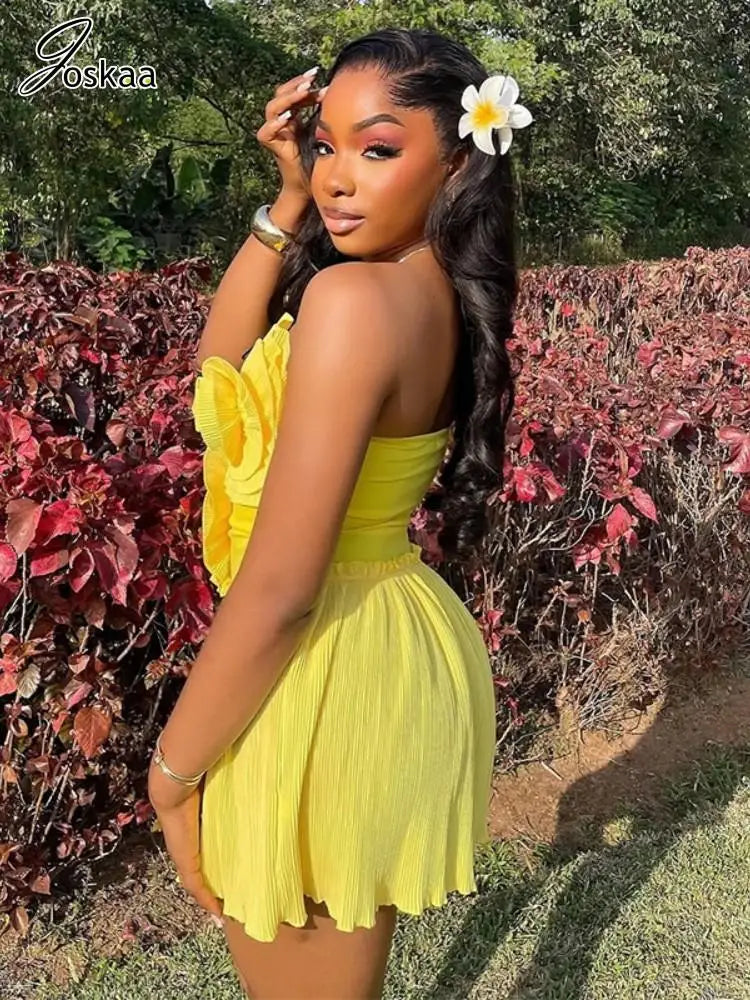 Joskaa 2025 Summer Women 3D Flower Decorate Strapless Pleated Irregular Hem Mini Dress Holiday Beachwear Party Clubwear S-XXL