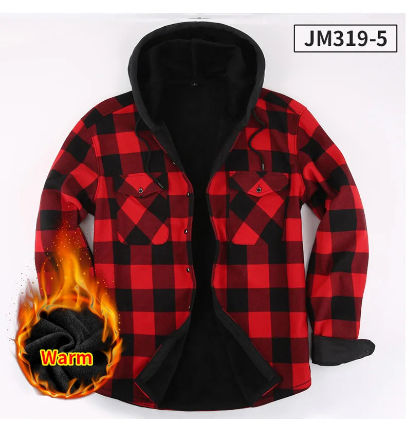 Fashion korean popular clothes winter Adding velvet and thickening long-sleeve shirts for men casual Hooded jacket plaid tops
