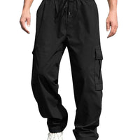 Men s Loose Cargo Long Pants Solid Color Drawstring Waist Straight Leg Trousers Casual Work Pants with Pockets