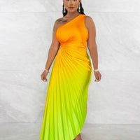 CM.YAYA Women Gradient Printed Pleated One Shoulder Roll Waist Maxi Irregular Big Swing Dress 2023 Sexy Party Vestidos Dresses