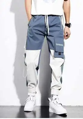 Men's Cargo Pants Casual Hip Hop Hit Color Multiple Pockets Trousers Streetwear Ribbons Techwear Sweatpants