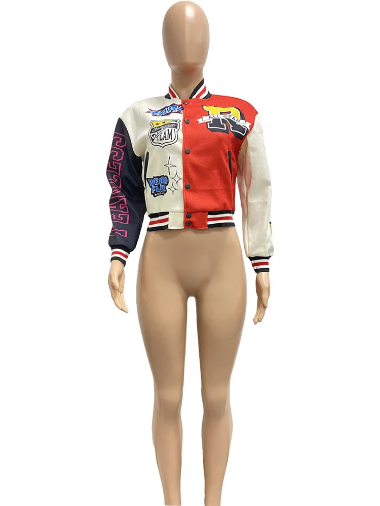 Winter Fall Jacket For Women Coat Trend O Neck Buttons Cropped Top Jacket Patchwork Baggy Blue Female Outerwear varsity jacket