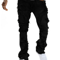 2025 New European and American men's casual jeans, street punk fashion, retro, ripped hole, slightly flared tassel elastic jeans