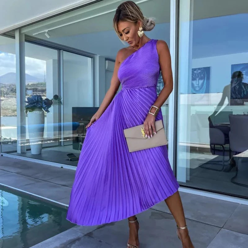 Ardm Elegant Oblique Shoulder Pleated Asymmetric Summer Dresses For Women 2023 Sexy Backelss Hollow Out Party Maxi Dress Vestido