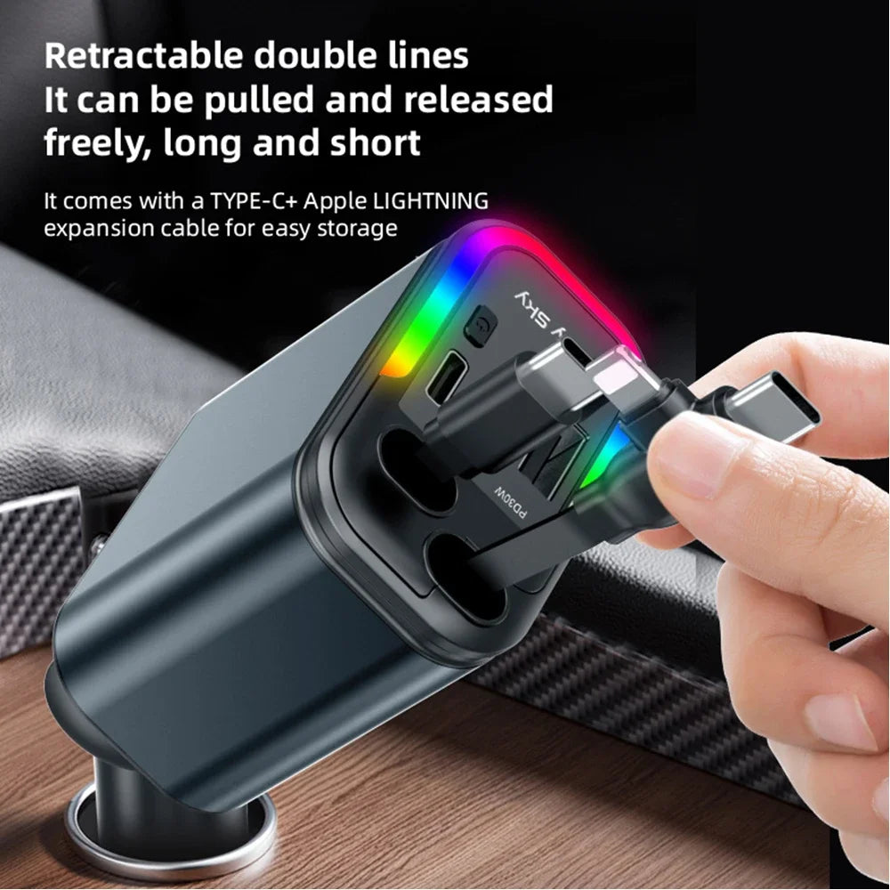 5-in-1 180W Car Fast Charger USB Type-C Power Adapter Retractable Phone Charger With Roof Starlight For IOS Android Phones