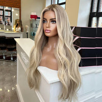 Lace Wig Ombre Warm Blonde Highlights Synthetic Hair Wigs Invisible Lace with Light Brown Roots Slight Wavy