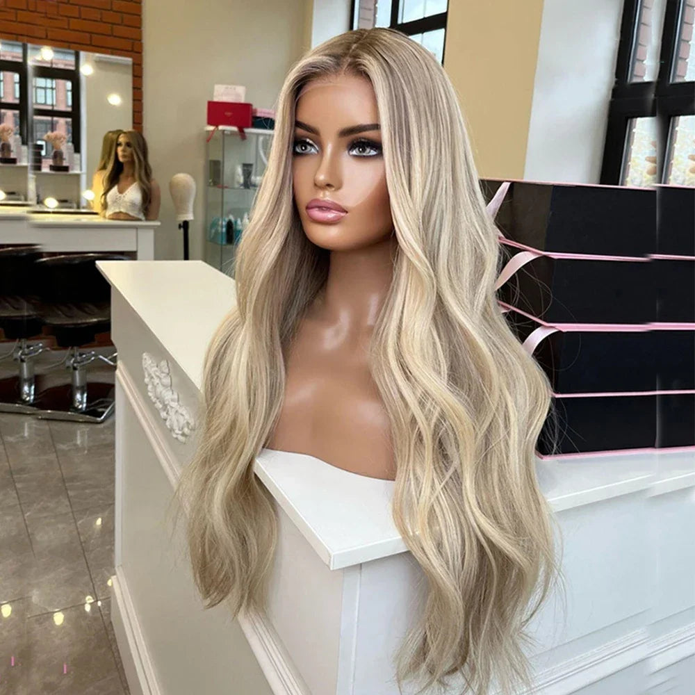 Lace Wig Ombre Warm Blonde Highlights Synthetic Hair Wigs Invisible Lace with Light Brown Roots Slight Wavy