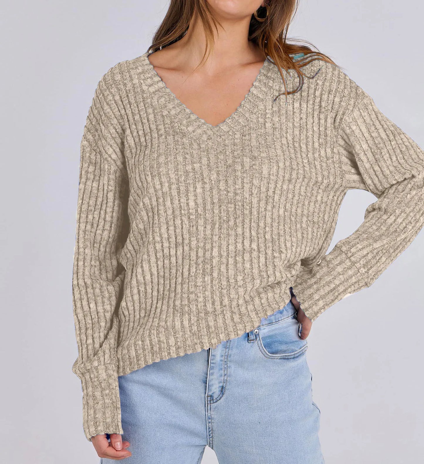 Women's Long Sleeve V-Neck T-Shirt Pit Stripe Milled Fashion Temperament Top