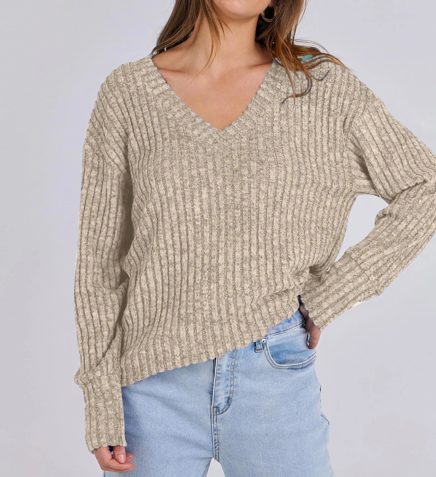 Women's Long Sleeve V-Neck T-Shirt Pit Stripe Milled Fashion Temperament Top