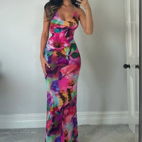 kliou Summer Women Mid-Calf Streetwear Mesh Dress K23D33078 Girl Mul-ti color Print Halter Backless Vestido Slim Shirring Robe