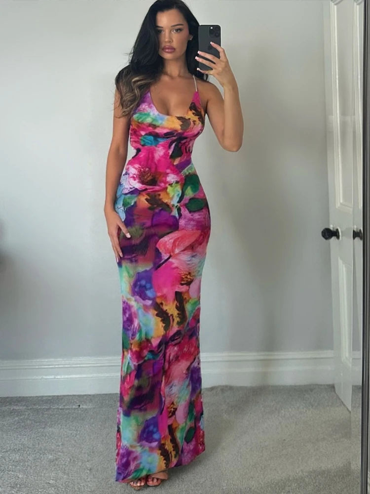 kliou Summer Women Mid-Calf Streetwear Mesh Dress K23D33078 Girl Mul-ti color Print Halter Backless Vestido Slim Shirring Robe