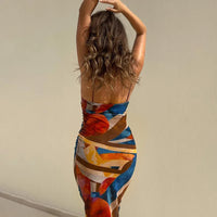 Tie Dye Print Ribbed Midi Dress For Women 2024 Summer Outfits Bodycon Side Slit Y2K Outfits Sexy Streetwear Long Dress